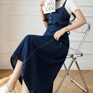 Smocked Button Decor Dark Wash Denim Tie-Up Midi-Maxi Dress